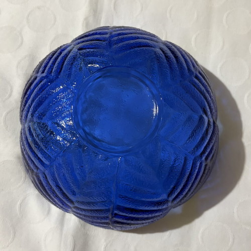 Vintage round blue glass vase with embossed flower design
