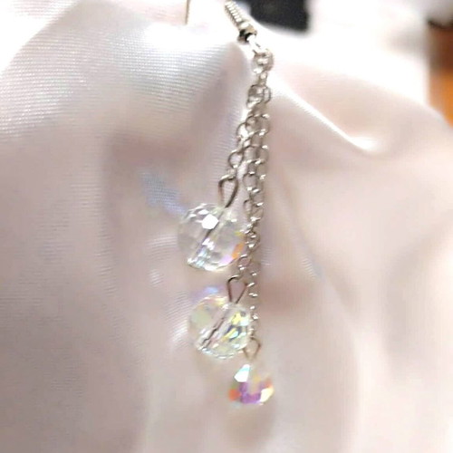 Earrings with Transparent Polyhedral Beads New, Silver and White