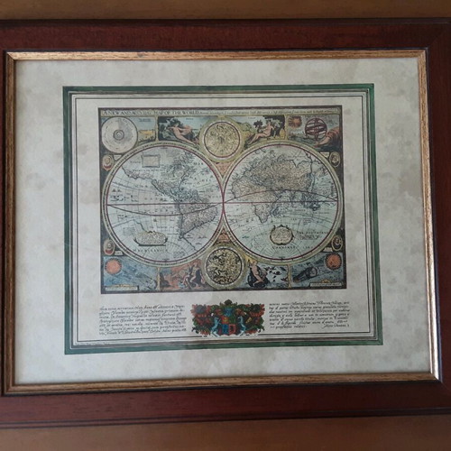 Vintage world map painting used with wooden frame