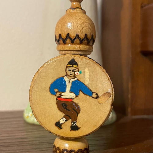 Vintage handmade wooden box with small Rosa mouth perfume used, traditional from Bulgaria