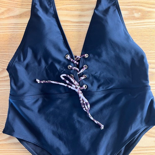 Black one-piece swimsuit with animal print cord, size L, like new