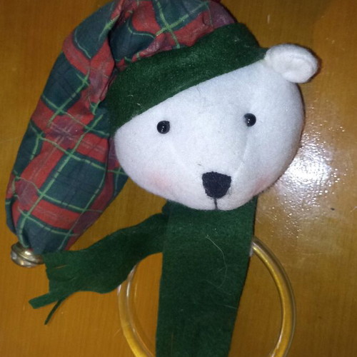 Christmas teddy bear like new, hanging baby toy with bell
