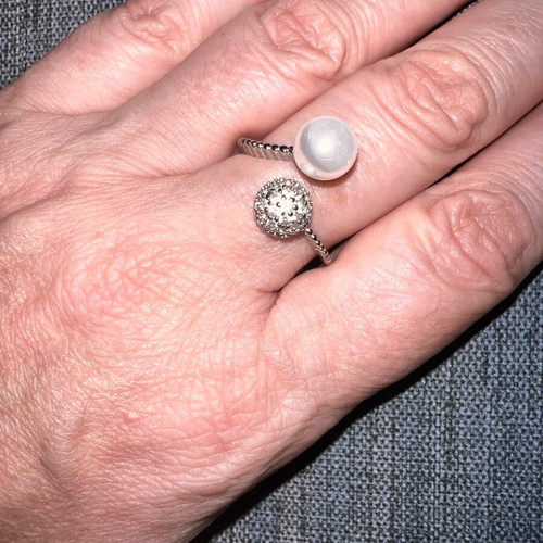 Elegant Faux Silver Ring with Faux Pearl, Adjustable, Like New