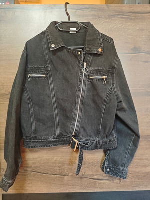 Explosi denim jacket XL black short like new with zippers and belt