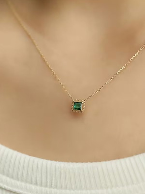 Gold Necklace with Green Stone 925 Silver New