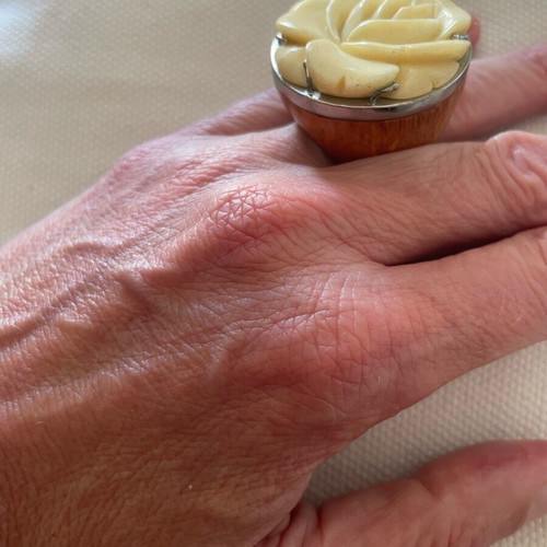 Statement ring handmade from Italy with wood and carved bone flower