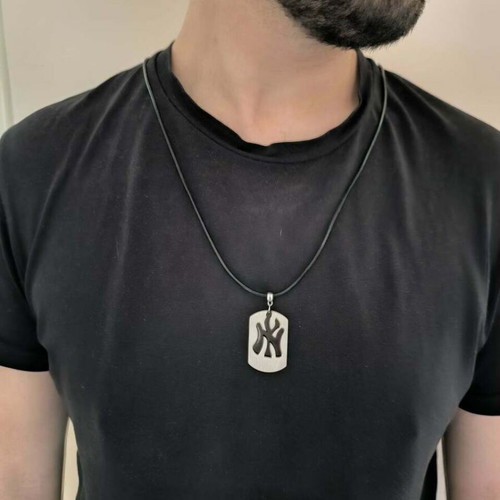 Handmade men's necklace with black leather cord and steel NY element new