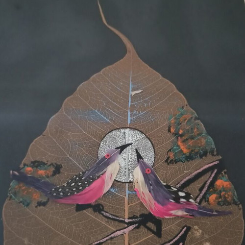 Handmade paintings on dried Peepal leaves set of 4, used