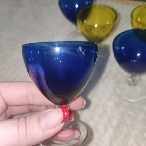Vintage liqueur glasses, 5 rare colored pieces from France