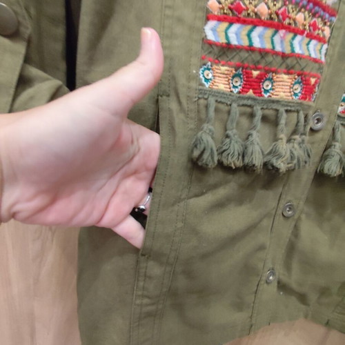 Stradivarius shacket boho embroidered, size S, khaki