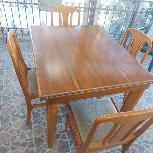 Wooden kitchen dining set used, folding table 1.20m with extension and 4 fabric chairs