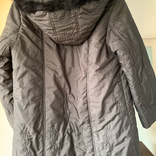 Women's Midi Quilted Jacket with Decorative Stitching and Hood black like new