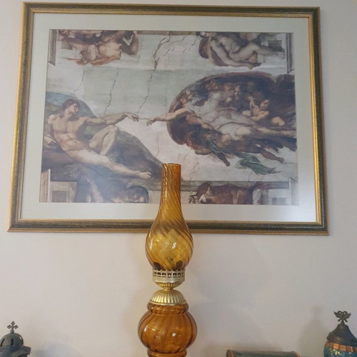 Λάμπα από κεχριμπάρι γυαλί μεταχειρισμένη, περίτεχνη, ύψος 55 εκ.