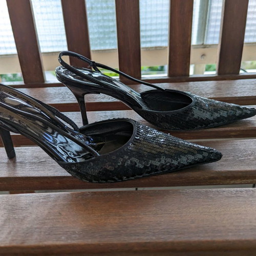 Black slingback evening sandals with sequins, size 36