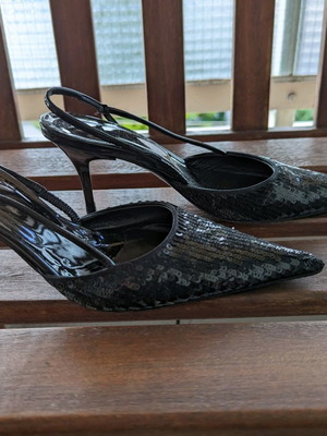 Black slingback evening sandals with sequins, size 36