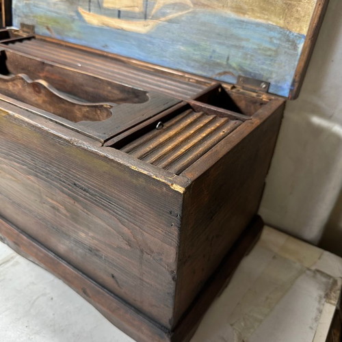 Wooden desk box with painting used, with secret compartments