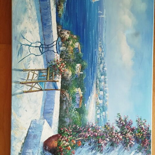 Large canvas painting with Greek Mediterranean landscape like new