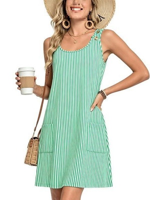 WNEEDU sleeveless summer dress with pockets, green and white, L
