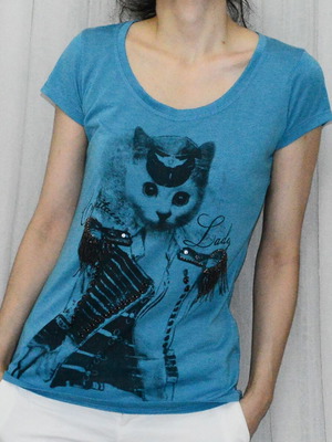 Captain Lady Cat Graphic T-Shirt teal blue scoop neck L/XL new