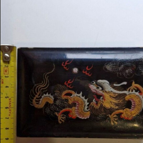 Wooden box used with painted Chinese dragon on black lacquer
