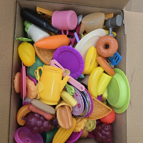 Large box of used children's kitchen toys with plates and utensils