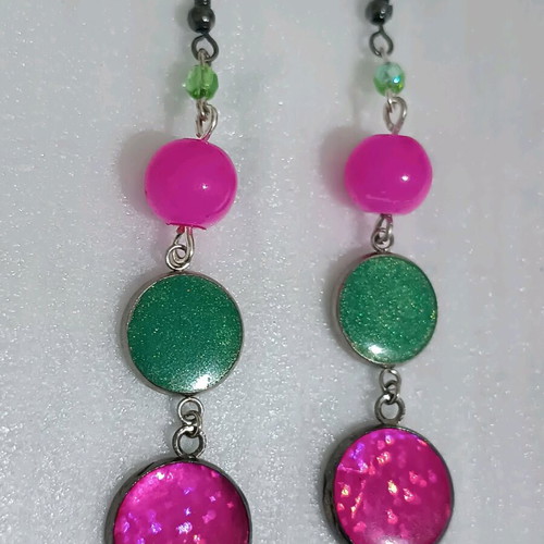 Earrings with liquid glass new, handmade, pink and green