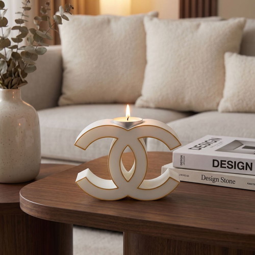Tealight candle holder Chanel design with 6 plant-based soy candles Baby Powder and White Musk