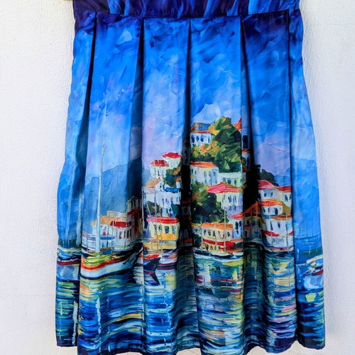 Midi skirt like new with Greek island digital print, satin fabric
