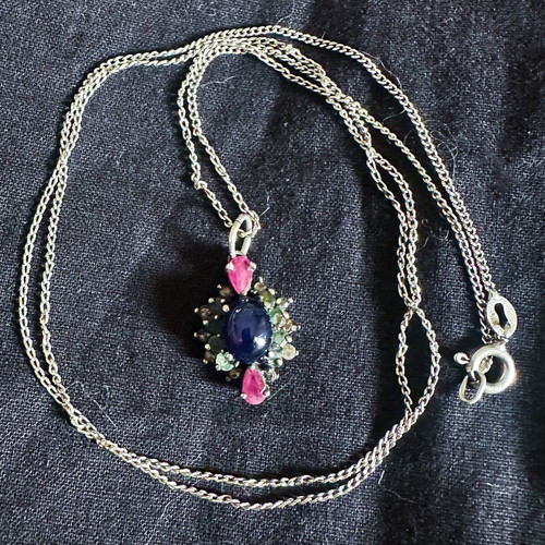 Vintage 925 Silver Pendant with Multicolored Stones and 9K Gold