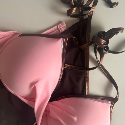 Bikini swimsuit triangle with ties and bra, new, brown, size L