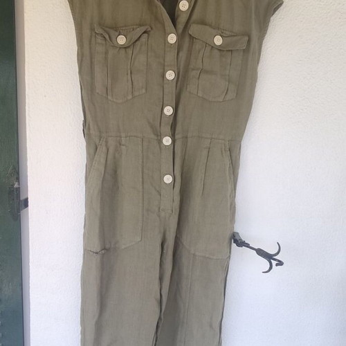 Zara linen mix khaki green sleeveless jumpsuit, Small
