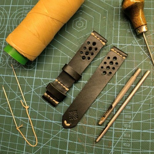 Handmade leather watch strap sewn by hand, Racer style