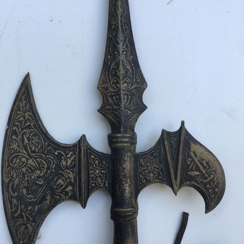 Wooden spear used 1.50 m with metal element and 1970s leather