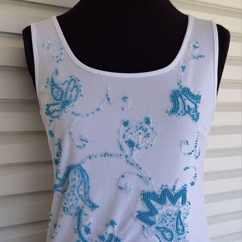 White sleeveless top with turquoise bead embroidery new