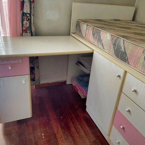 Children's bed with desk and drawers used, white with pink details