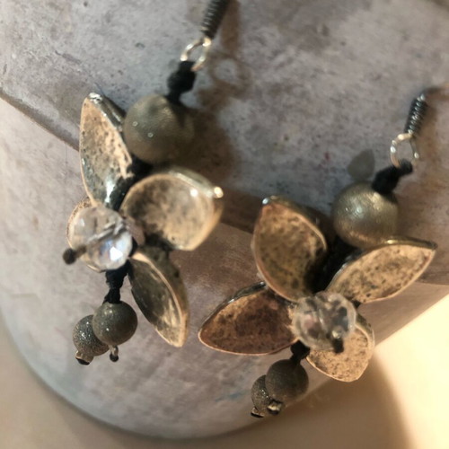 Handmade long flower earrings used, silver color