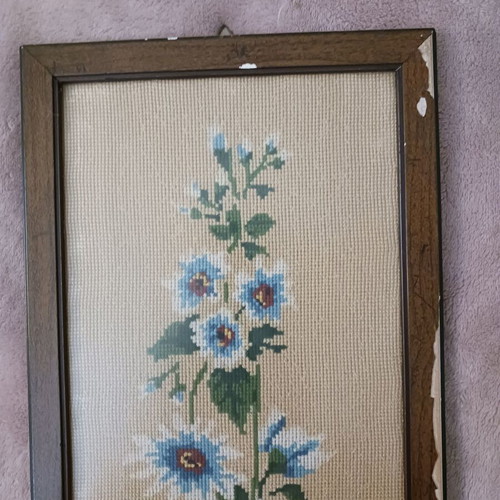 Vintage embroidered textile painting flowers used, framed