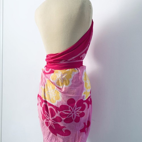 Vintage pareo used, pink and yellow cotton