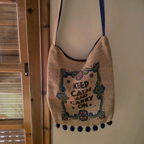 Summer crossbody bag like new linen with print and blue pom poms
