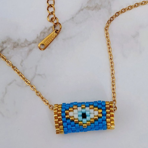 Handmade Miyuki evil eye necklace with gold-plated steel chain