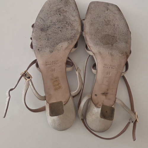 Emilio Sarto Strappy Square Toe Heel Sandals used, champagne metallic