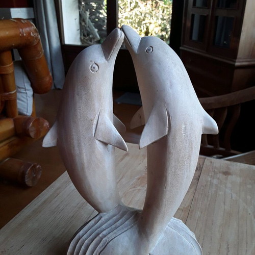 Wooden dolphins decorative sculpture used, height 21 cm