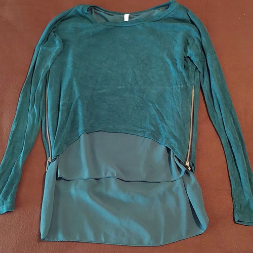 Italian Style blouse with sheer layers and decorative zippers, medium, cypress green