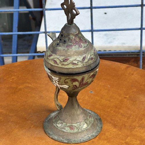 Vintage metal censer with cross, used, 17x10 cm