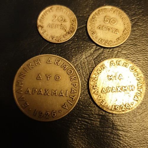 Greek coins 1926 used, set of 4 drachma and lepta