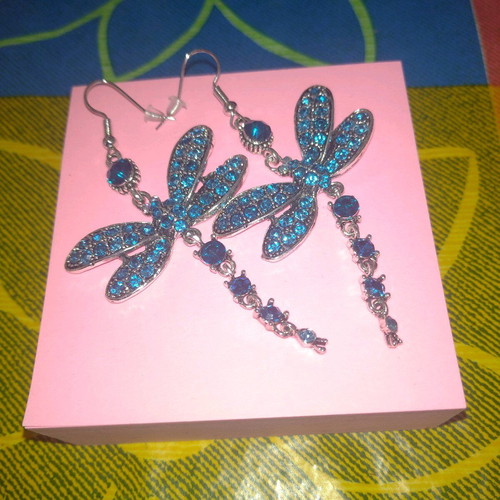 Dragonfly-shaped dangling earrings like new, blue and silver