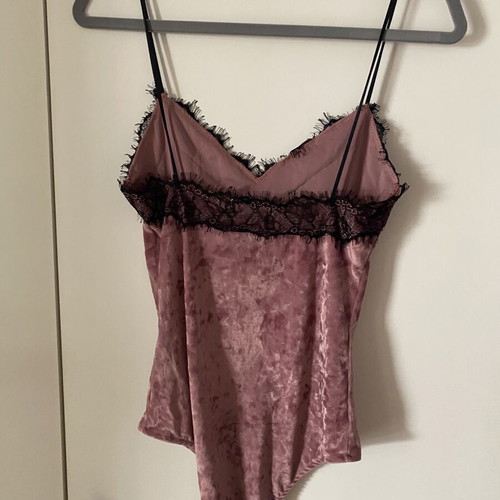 Pull & Bear velour bodysuit with lace, pink and black
