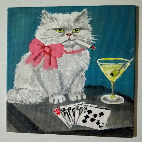 Handmade cat painting on canvas with playing cards and smoking