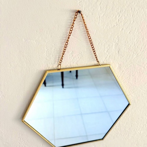 Hexagonal mirror with gold frame and chain new