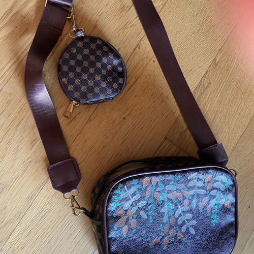Hand-painted bag with auxiliary wallet brown new 20x16